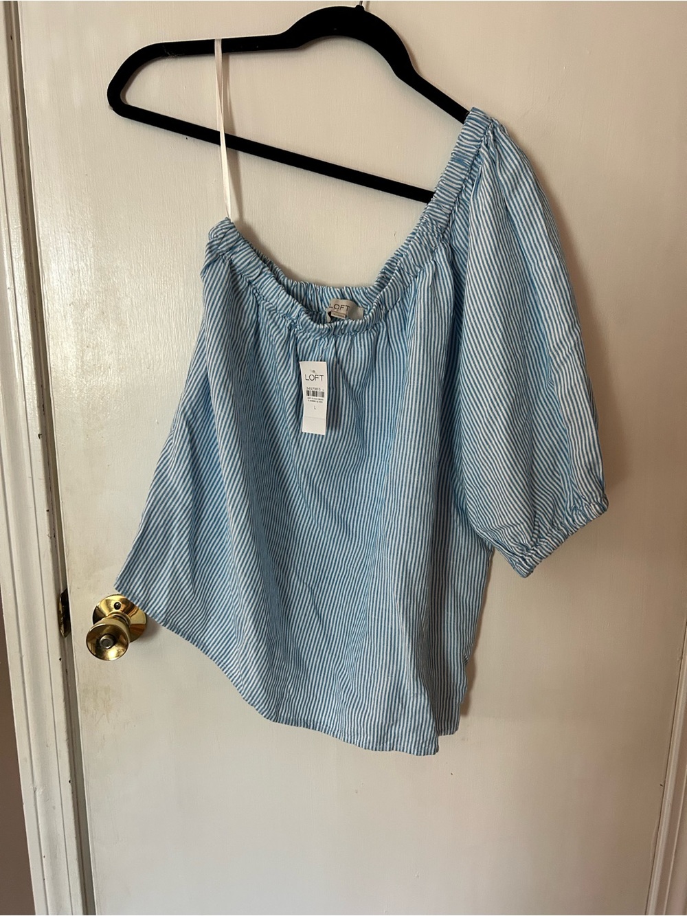 LOFT Light Blue and White Pinstripe Off-Shoulder Puff Sleeve Blouse